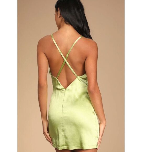 Lulu's Women's XL Captivated by Love Lime Green Satin Ruched Bodycon Mini Dress - Picture 2 of 14
